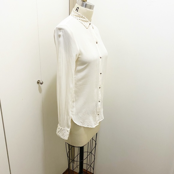 Zara Woman Mulberry Silk Button Down Blouse Vintage Skulls Off White Gold S - Picture 9 of 10
